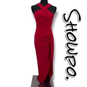 Showpo Red Cross Halter Maxi Dress Draped Wrap Slit Evening Gown Womens Sz 2